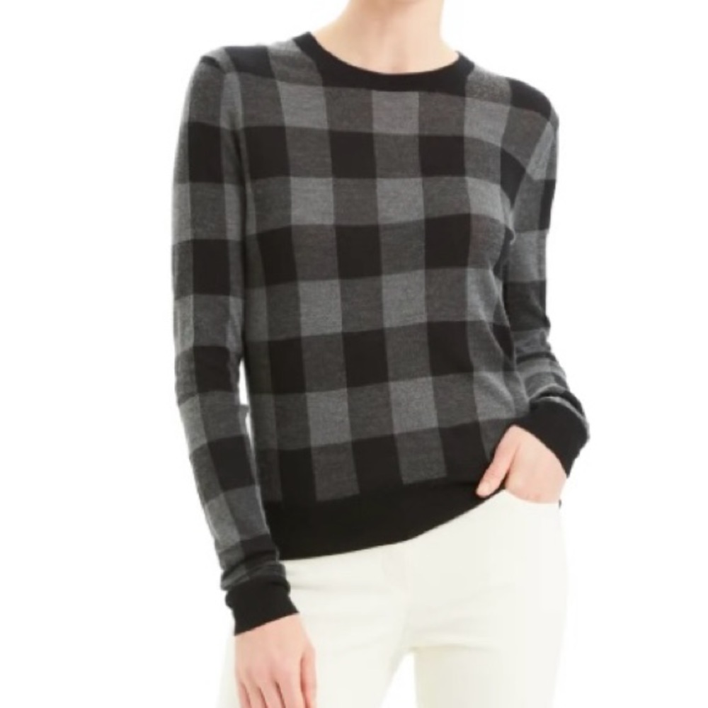 NWT - Theory plaid check crew silken knit sweater in black and gray